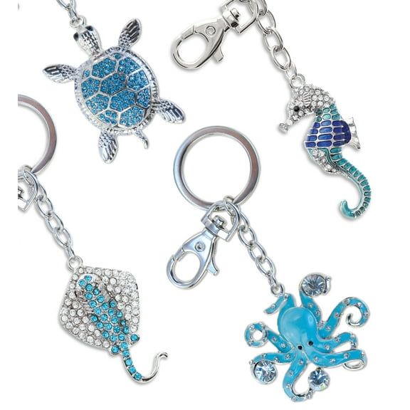 Aqua79 Sparkling Keychain Set of 4 – Octopus, Sea Turtle, Seahorse, and Stingray 3D Charm Rhinestones, Metal Alloy Key Ring - Accessory with Clasp for Key Chain, Bag, Purse, Handbag, and Backpacks