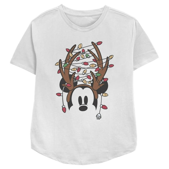 Women's Mickey & Friends Antlers with Christmas Lights Graphic Tee White Small