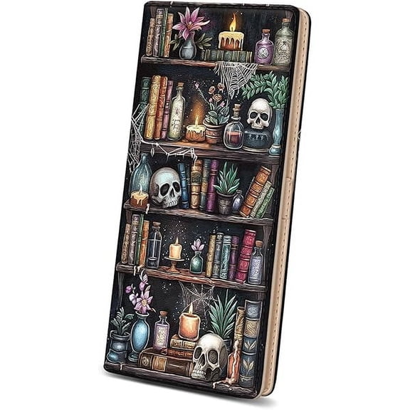 ZLC Womens Wallet, Goth Skull Bookshelf Slim Thin RFID Blocking Credit Card Wallets, Long Bifold PU Leather Card Holder Organizer, Cash Clutch Billfold with Zipper Coin Pocket Ladies Girls Gift