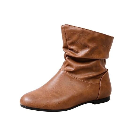 Women's Slouchy Flat Ankle Boots Comfortable Round Toe Casual Pull On Booties Fall Winter Fashion Low Heel Shoes Brown 5