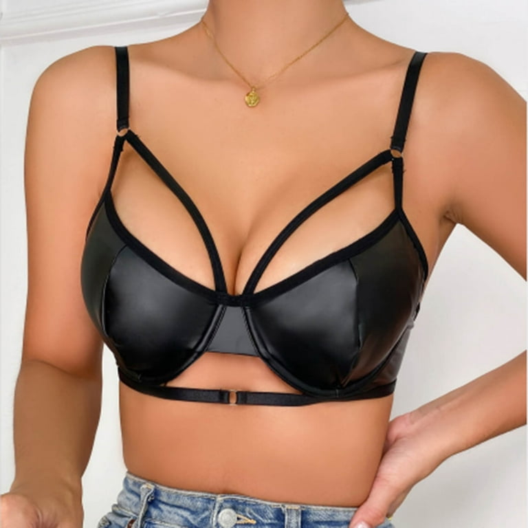 aiyuq.u women's pu leather lingerie buckle strappy cut out bra underwire  push up bralette