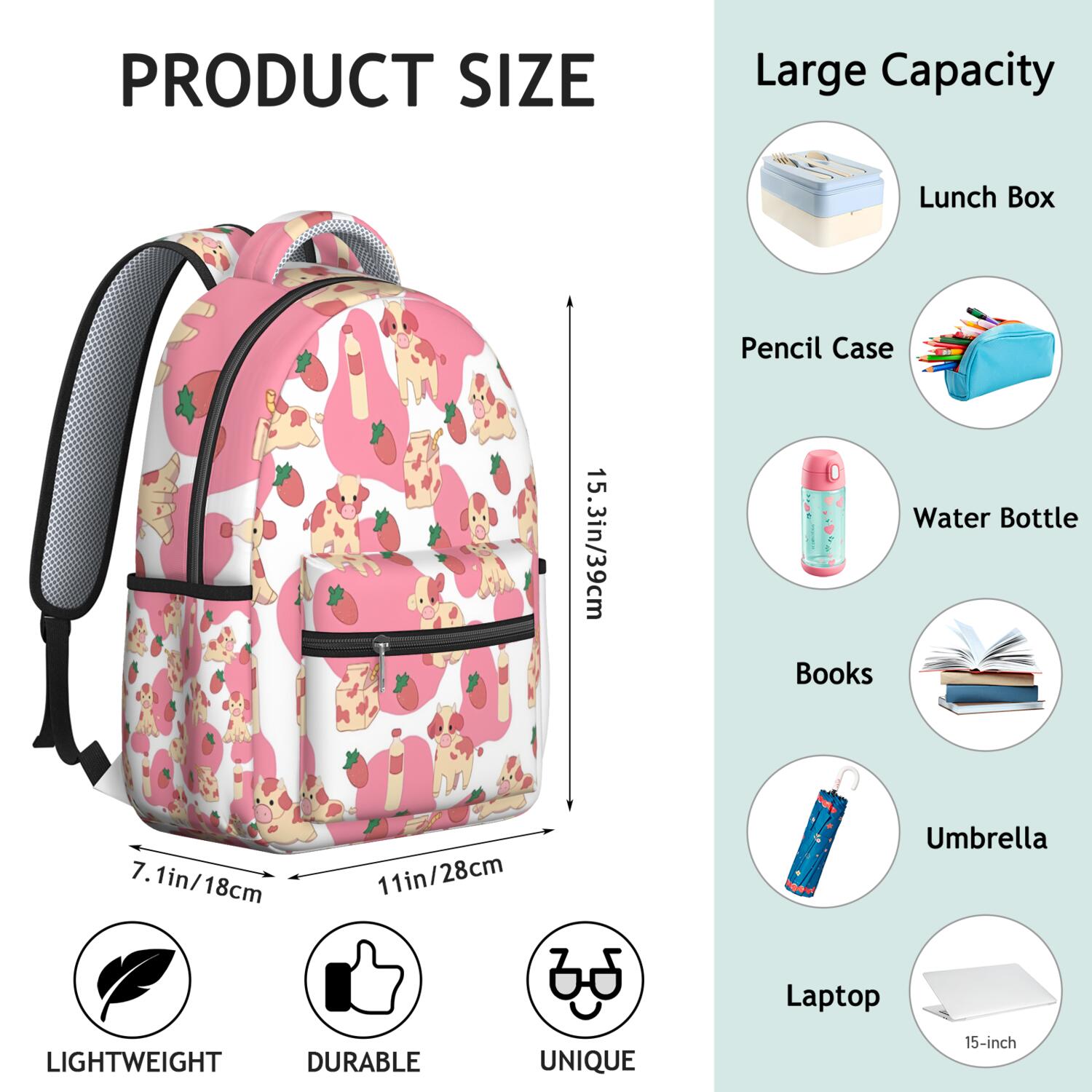 Pink Cow and Strawberry Print Backpack for School,Schoolbag with Adjustable Shoulder Straps & Padded Back,15.3"x11"x7.1".