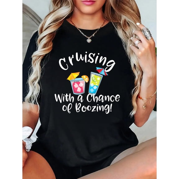 Cruising with a Chance of Boozing Funny Cruise Drinking T-Shirt Women's Men's Graphic Tee Casual Tops
