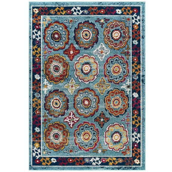 Modway Entourage Odile Distressed Floral Moroccan Trellis 5x8 Area Rug in Blue, Red, Orange Yellow