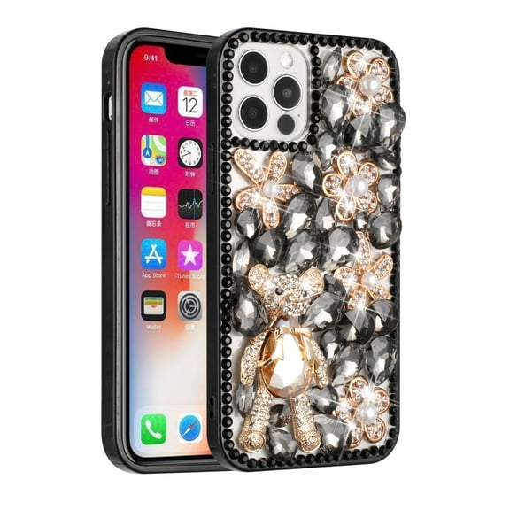 For Apple iPhone 14 Pro (6.1") Bling Crystal 3D Full Diamonds Luxury Sparkle Transparent Rhinestone Hybrid Cover ,Xpm Phone Case [ Black Panda Floral ]
