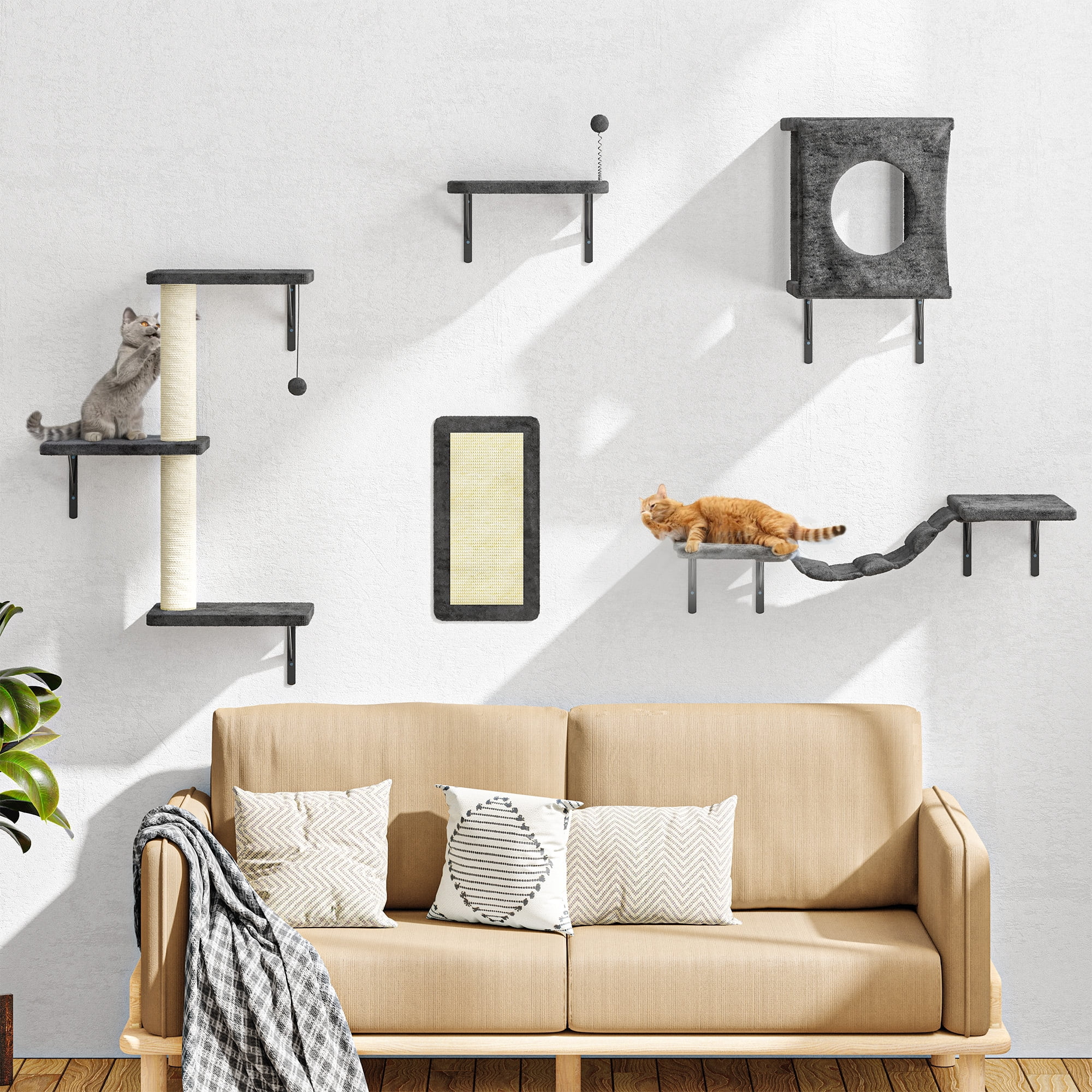 LHBcraft Cat Wall Shelves, 5Pc Wall-Mounted Cat Furniture, Cat Wall Shelves Cat Climber, Floating Cat Perch, Bridge, Cat Tree, Cat House, Modern Cat Furniture for Kitten, Grey