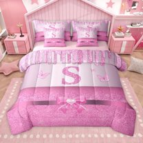 Manfei Letter Monogrammed Initial S Girl 7-Piece Twin Bedding Sets,Kawaii Bow Butterfly Bedding Comforter Set,Bling Pink Glitter Breathable Sheet Sets,Lightweight Room Decor,Reversible