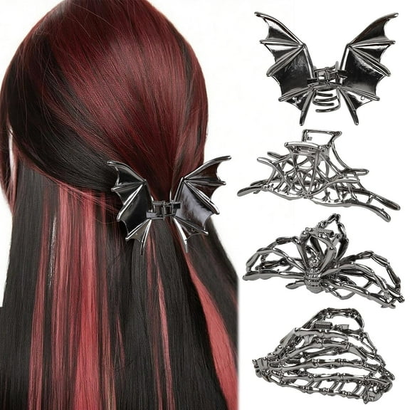 4PCS Gothic Spider Hair Clips Black Web Bat Skeleton Hand Skull Claw Clips for Women,Large Medium Size for Thick Thin Hair,Hiphop Metal Hair Accessories for Halloween Decor Party Gift