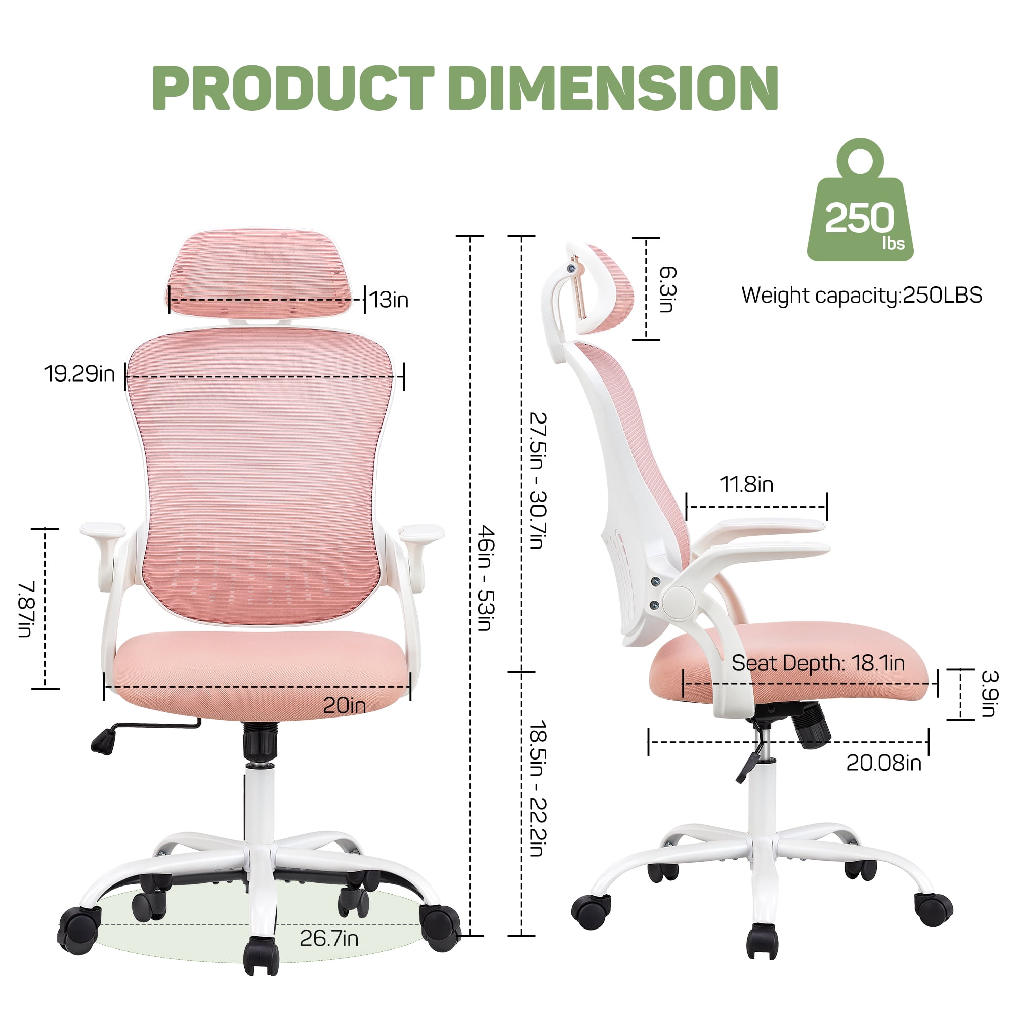 Ergonomic Office Desk Chair, High-Back Mesh Computer Chair with Adjustable Headrest, Lumbar Support, Flip-Up Armrests, Swivel Rolling Task Chair for Home Office, Pink