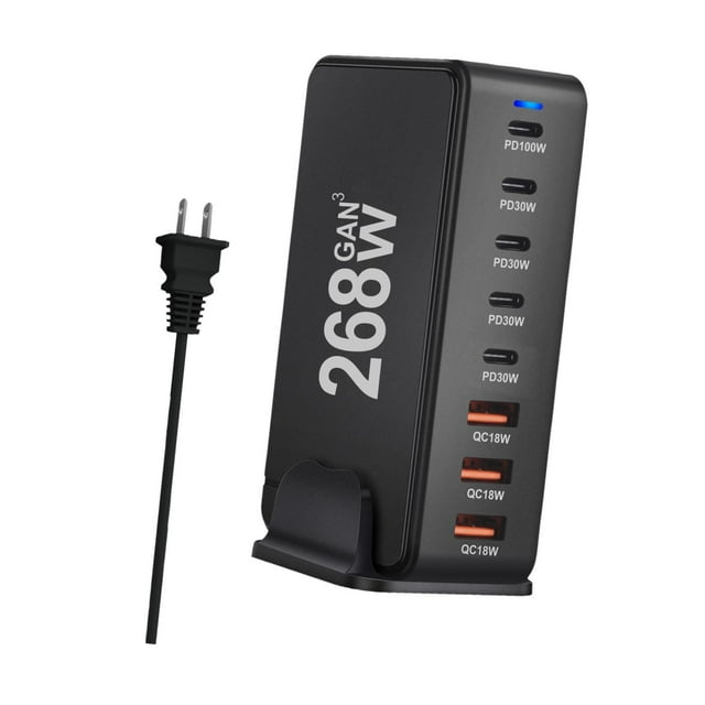 lionlar 268W USB C r 8 Ports Desktop Adapter Fast Charging Desktop GaN r Black