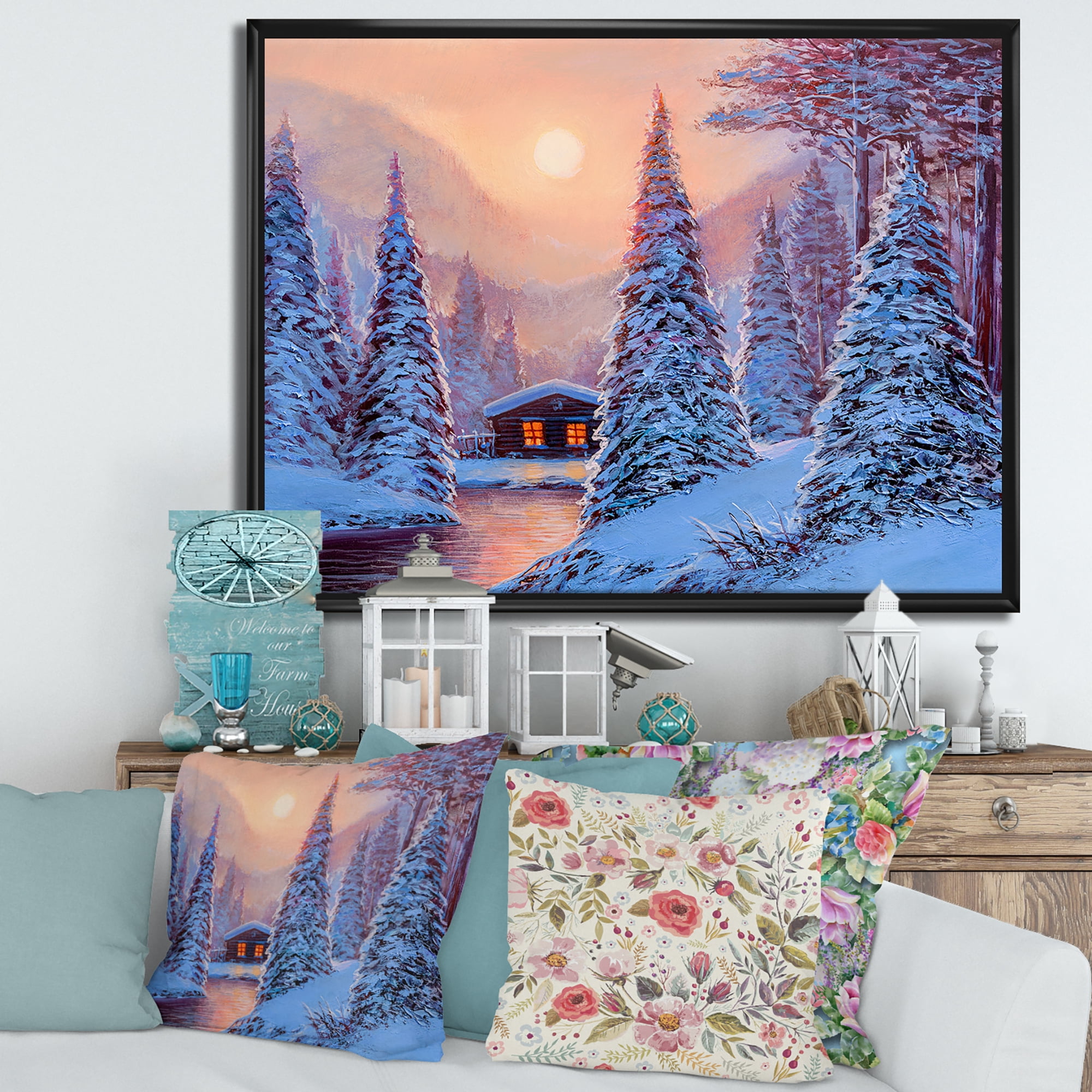 Designart 'The River House In The Woods and Winter Landscape I' Lake House Framed Canvas Wall Art Print