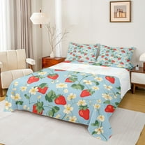Manfei Teens Fruit Strawberry Twin Sheet Sets, Blue Cartoon Twin Fitted Sheet, Tropic Flower Plant Flat Sheet, Microfiber Bedroom Decor, 3pcs
