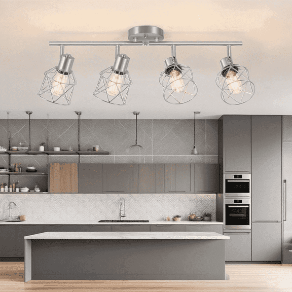 4-Light Kitchen Lighting Fixtures Multi-Directional Brushed Nickel Track Ceiling Light Semi Flush Mount Ceiling Spotlight with Wire Cages for Living Room, Bedroom, Hallway