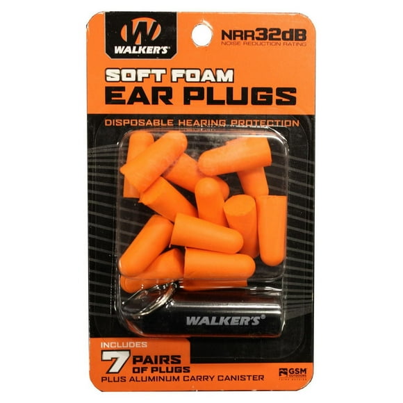 Walker's GWP-PLGCAN-OR 7 paires de bouchons en mousse orange fluo avec boîte de transport en aluminium noir 7 paires de bouchons en mousse orange fluo