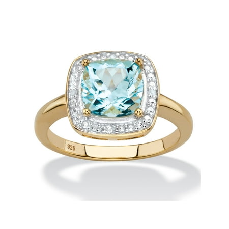 Blue Diamond Accented Ring 2.62 TCW Genuine Cushion-Cut Sky Blue Topaz and Diamond Accent Pave-Style Halo Ring in 14k Yellow Gold over Sterling Silver ()