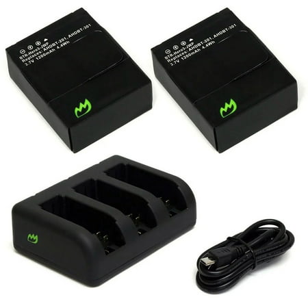 Replacement for GoPro AHDBT-201 Battery (2-Pack 1200mAh) and Triple Charger