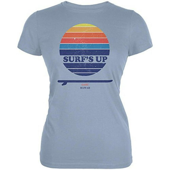 Surf's Up Oahu Hawaii Juniors Soft T Shirt Light Blue SM