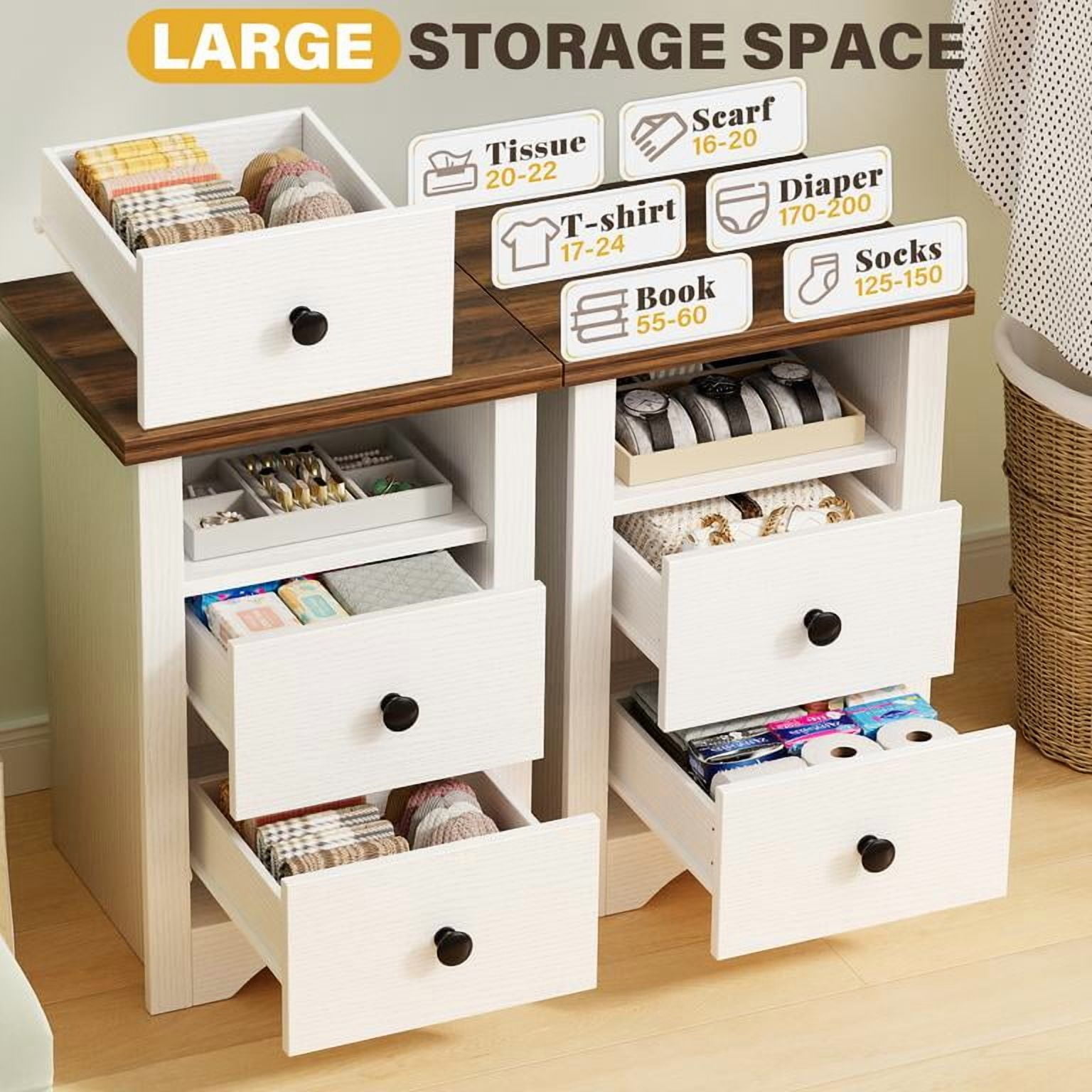 Lacoo End Table Set of 2 with 2 Drawers & Open Shelf, Nightstand for Bedroom Wood Side Table for Living Room, White