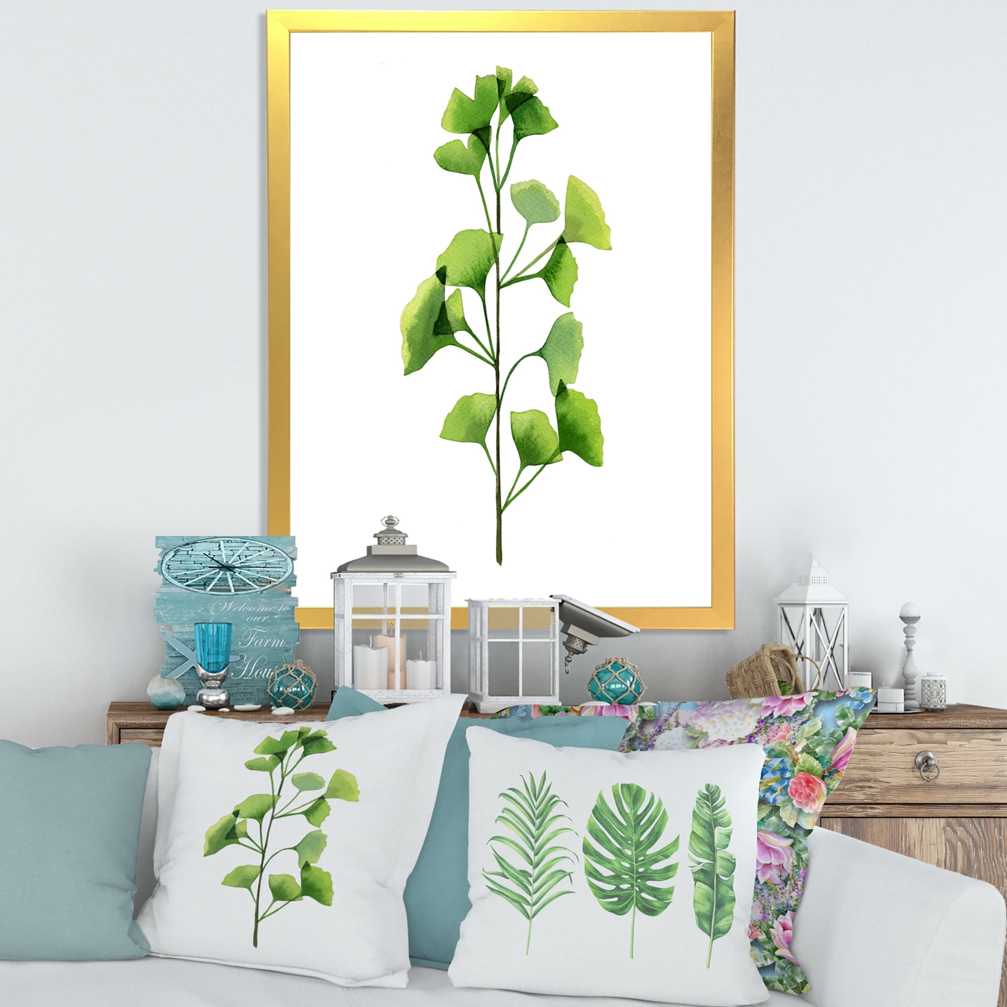 Designart 'Green Field Plant Foliage Branch' Farmhouse Framed Art Print