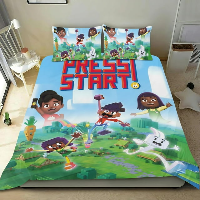 Presiona Start Conjunto de sábanas temático, trío de piezas, cómodo y amigable con la piel, diseño único, regalo de decoración para el hogar para familiares, amigos y fans,173cm *218cm