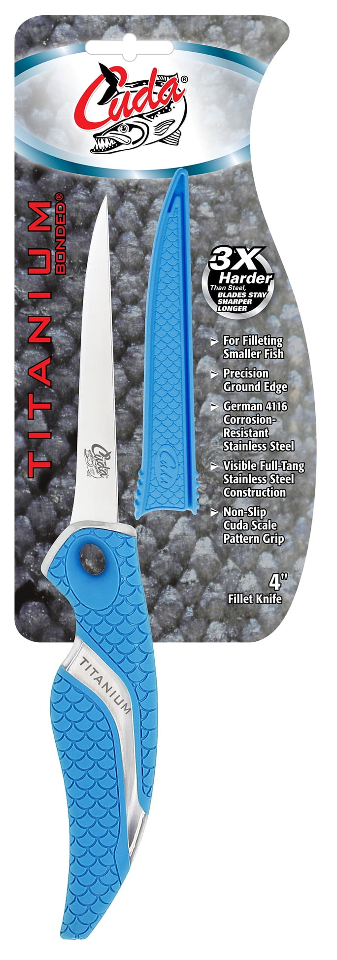 Cuda Fishing Fillet Knife, 4, Titanium Bonded, with Blade Cover, Blue