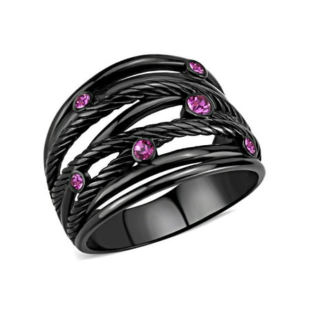 Top Grade Fuchsia Crystal Designer Black IP Stainless Steel Womens Fashion Band - Size