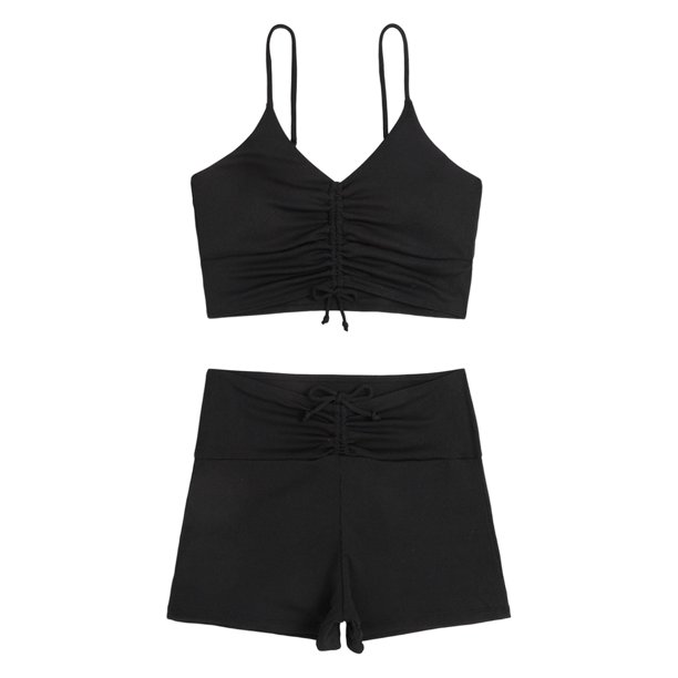 Gibobby Conjunto de Bikini Traje de baño de rayas de color sólido sexy para mujer Conjunto de bikini de estampado conservador de esquina plana(Negro,G)