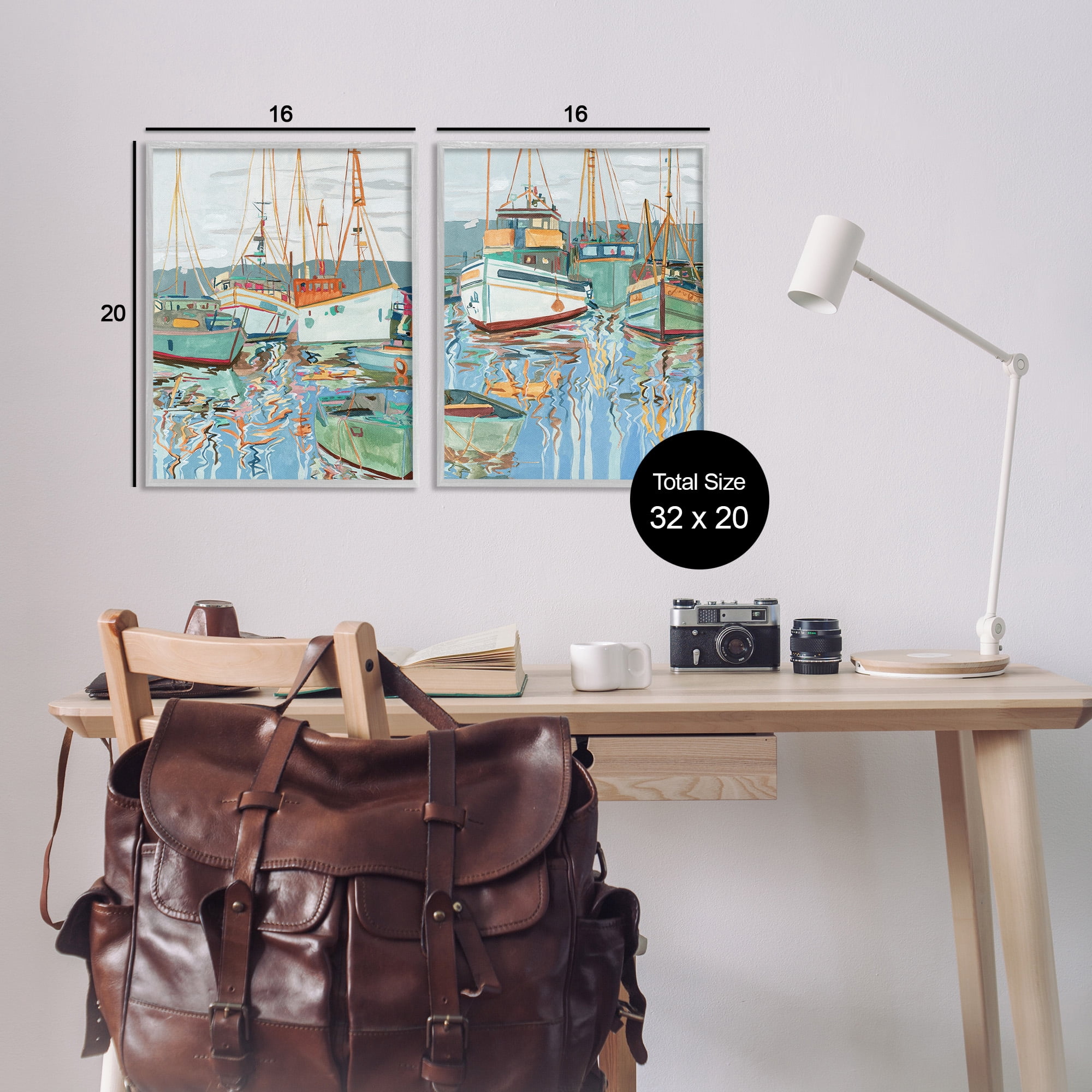 Stupell Industries Marina Ships Reflection Transportation Painting Gray Framed Art Print Wall Art, 16 x 20, Set of 2