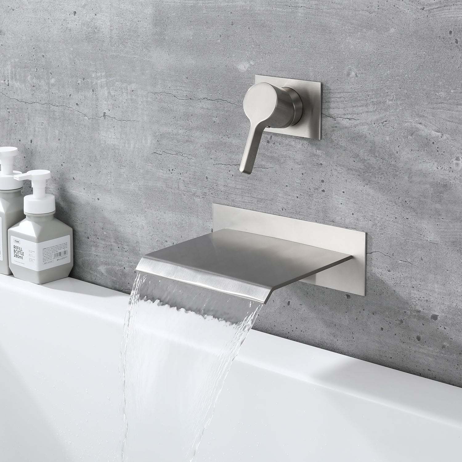 Sumerain Wall Mounted Brass Tub Faucet Brushed Nickel with Valve,Waterfall Tub Filler Faucet, Single Handle High Flow rate