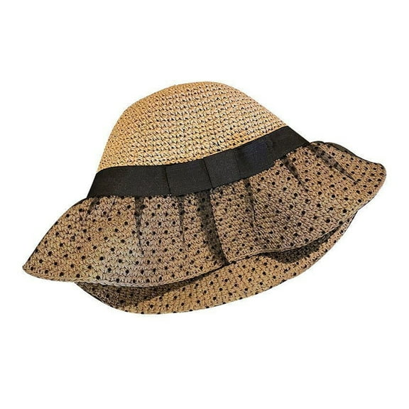 56-58cm hat circumference polka dot mesh sun hat female sunscreen summer sunscreen beach straw hat - Khaki