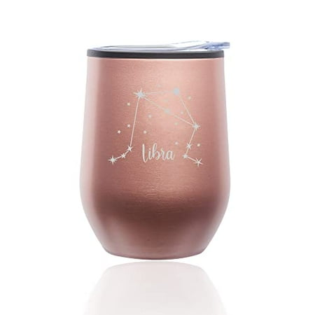 

Stemless Wine Tumbler Coffee Travel Mug Glass with Lid Star Zodiac Horoscope Constellation (Rose-Gold) (Libra)