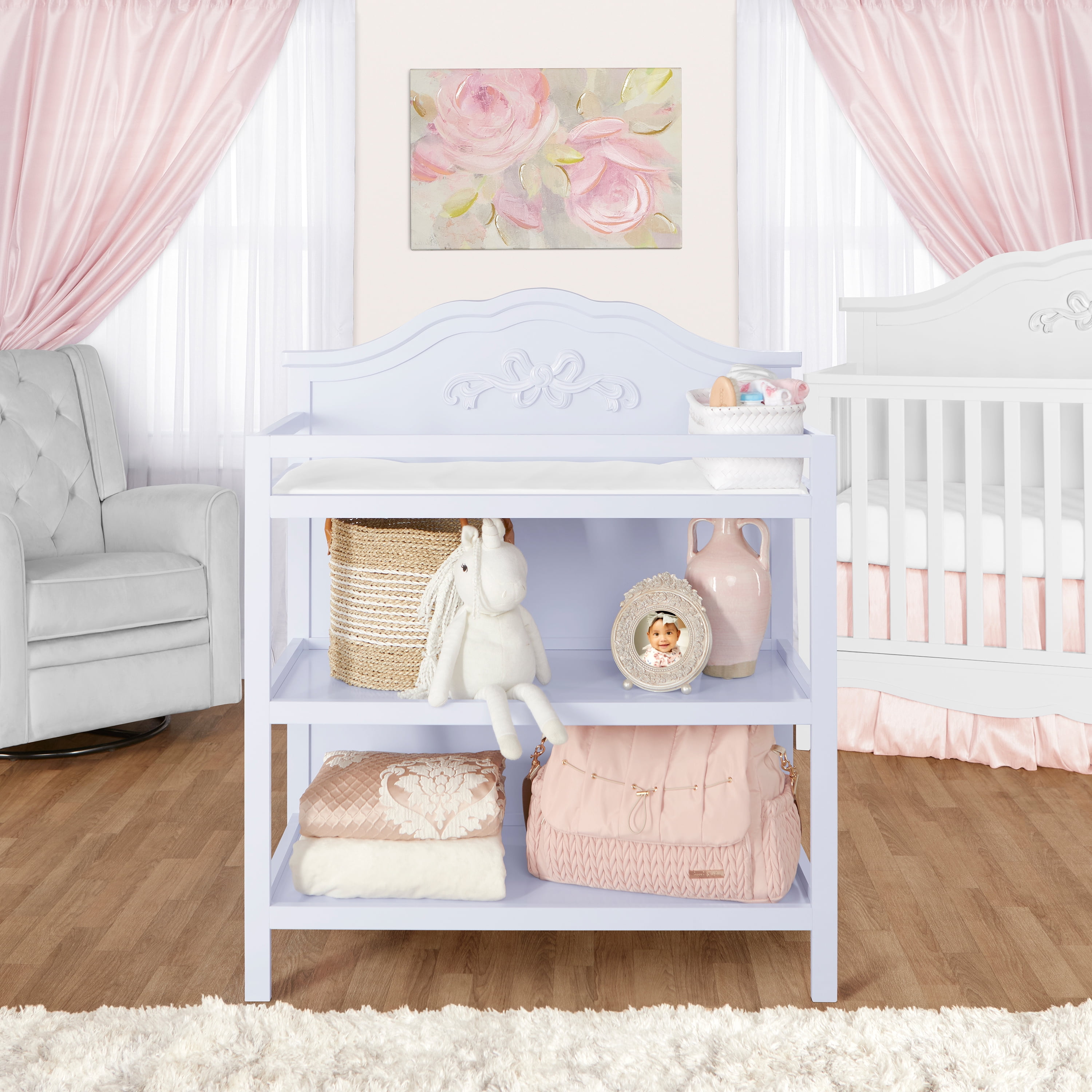 Dream On Me Jasmine Changing Table with Fixed Shelves, Lavender Ice, 1" Mattress Pad, Safety Strap