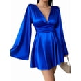 thumbnail image 2 of Women'S Deep V Neck Long Sleeve Mini Satin Silk Dress Elegant Flowy Wedding Guest Party Short Dresses Blue S, 2 of 9