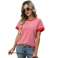 thumbnail image 5 of Women'S Short Sleeve Knit Tops Trendy Crewneck Striped T Shirts Casual Summer Blouses Outfits Deep Pink S, 5 of 10