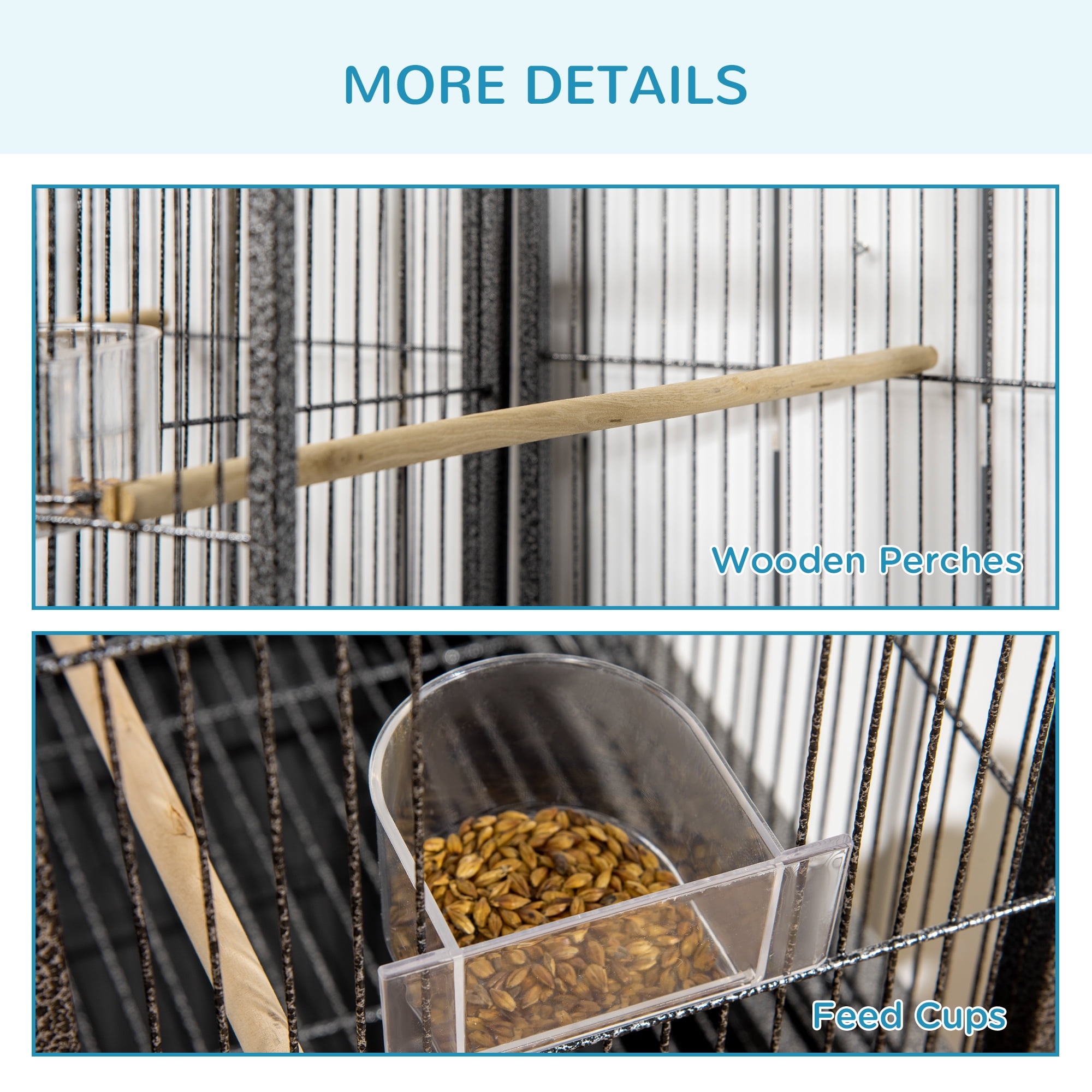 65" Double Rolling Metal Bird Cage Feeder with Detachable Rolling Stand, Storage Shelf, Wood Perch & Food Container