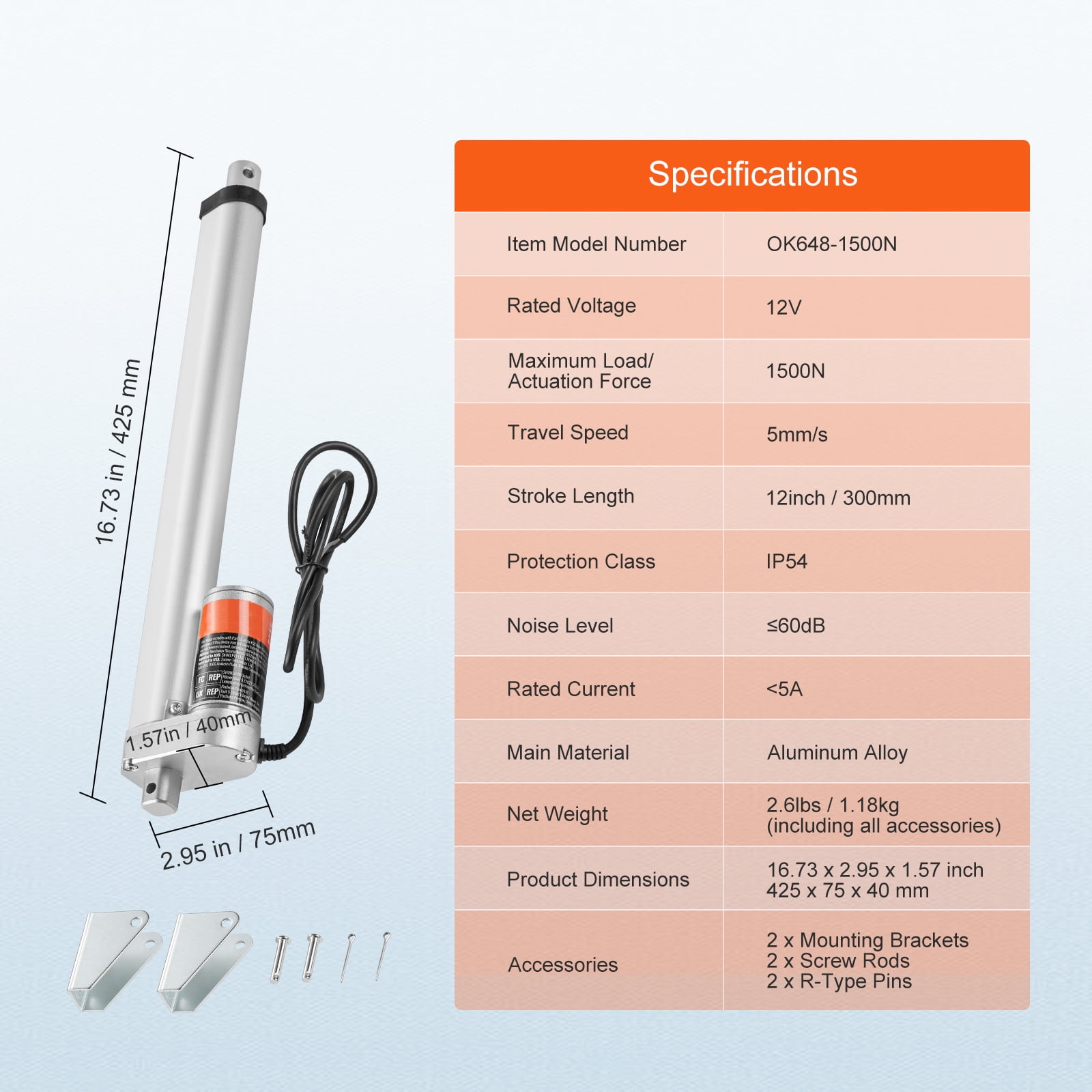 KFFKFF Linear Actuator 12V, 12 Inch High Load 330lbs/1500N Linear Actuator, 0.19"/s Linear Motion Actuator with Mounting Bracket and IP54 Protection