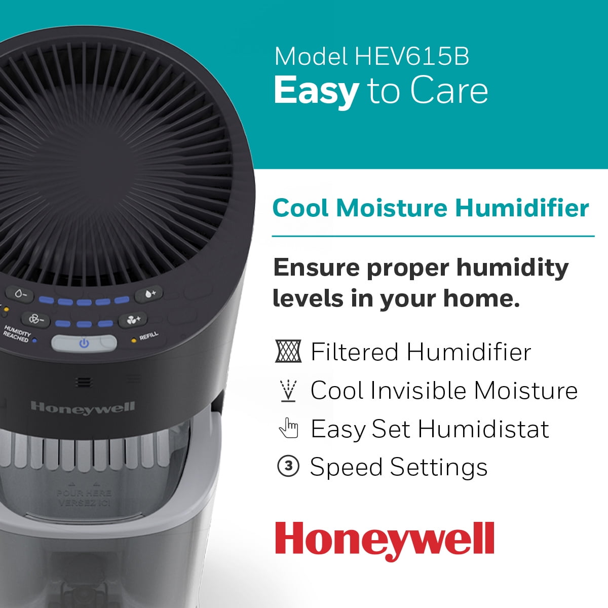 Honeywell 1.7 gal 500 sq ft Top Fill Cool Moisture Humidifier, Black, HEV615B