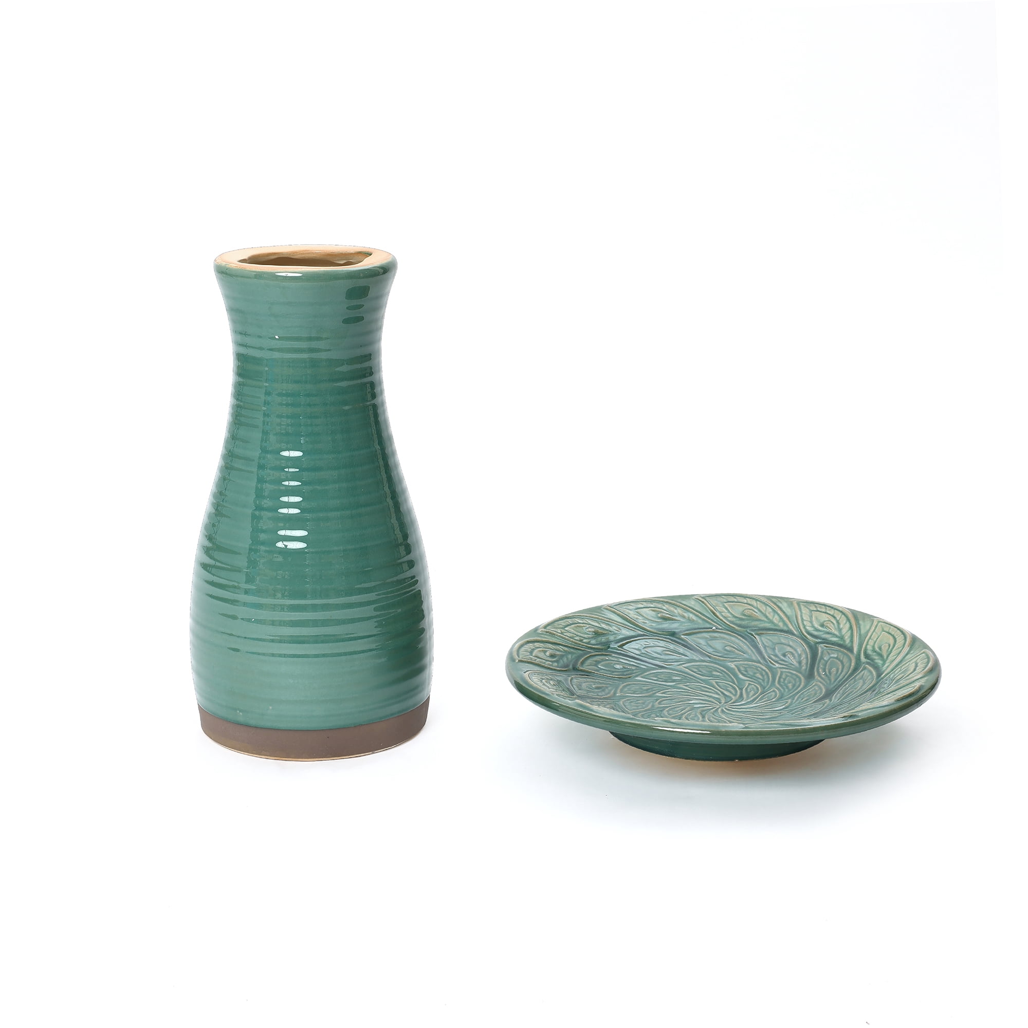 LuxenHome 20.5" Elegant Ceramic Bird Bath for Outside with Leaf Pattern, Jade Green