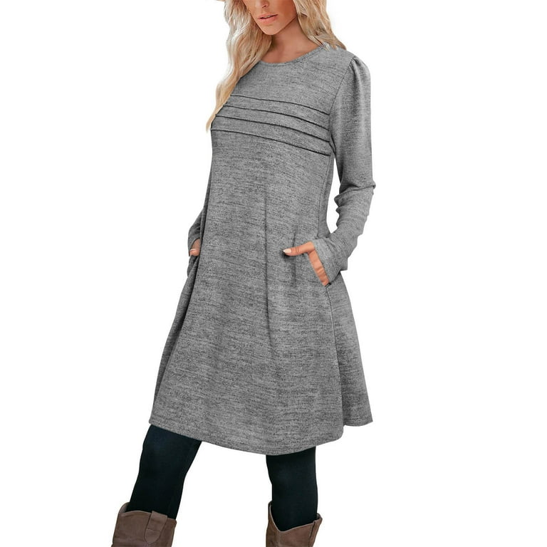 Ashirexll Womens Long Sleeve Dresses, Winter Dresses for Women, Fashion Casual Solid Round Neck Fold Comfortable Loose, Women's, Gray
