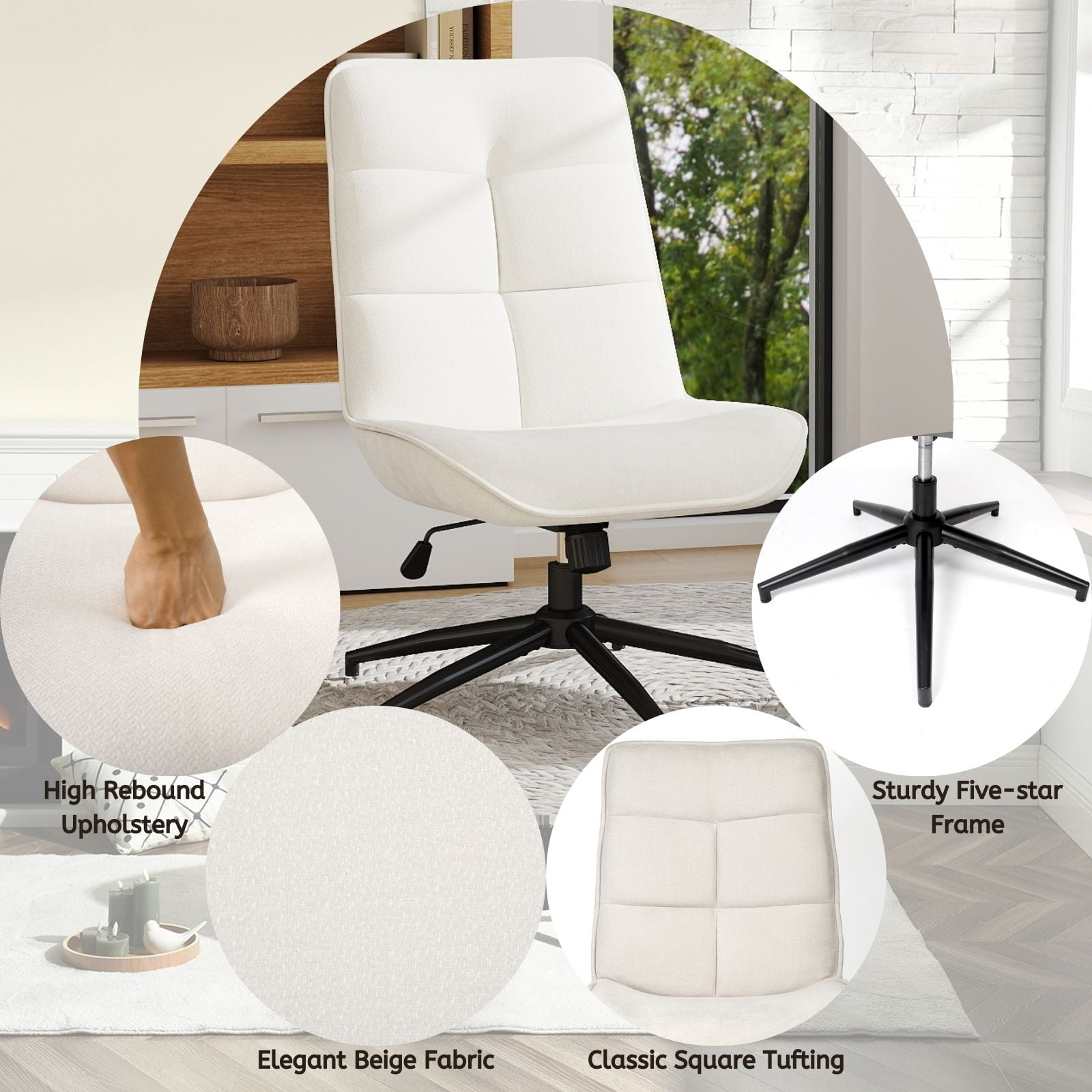 Homy Casa Office Desk Chair,  Adjustable Height 15° Tilt High Back Swivel Makeup Vanity Chair, Beige