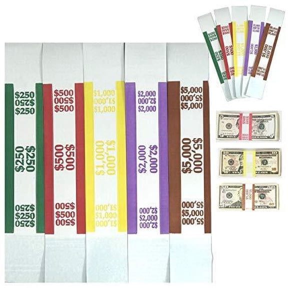 Money Bands Currency Sleeves Straps Made in USA (Pack of 5000) Self-Adhesive Assorted Money Wrappers for Bills Color Coded Wraps Meets ABA Standards, 7.5 x 1.25 inches Counter Recy