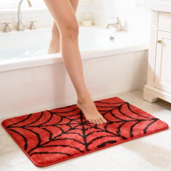 Cute Red Spider Web Bath Mat Red Bathroom Rugs Bathroom Accessories, Funny Non Slip Floor Bath Rug Machine Washable Bathmat Soft Microfiber Carpet for Bathtub & Shower (23.6 * 15.7 Inch)