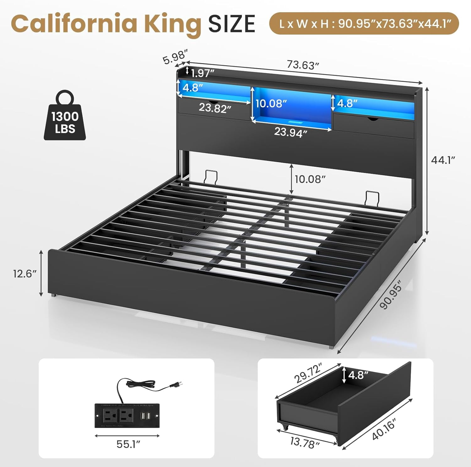 California King Bed Frame with 4 Storage Drawers&Bookcase Headboard, Black Platform Bed Frame with Charging Station and LED Lights, Modern Storage Beds, No Noise, Black