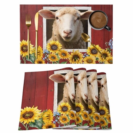 Sheep Sunflower Placemats Set of 8 Country Red Farm Barn Spring Flowers Placemats for Dining Table Place Mats for Kitchen Tabletop Waterproof Wipeable Dining Table Mats Set