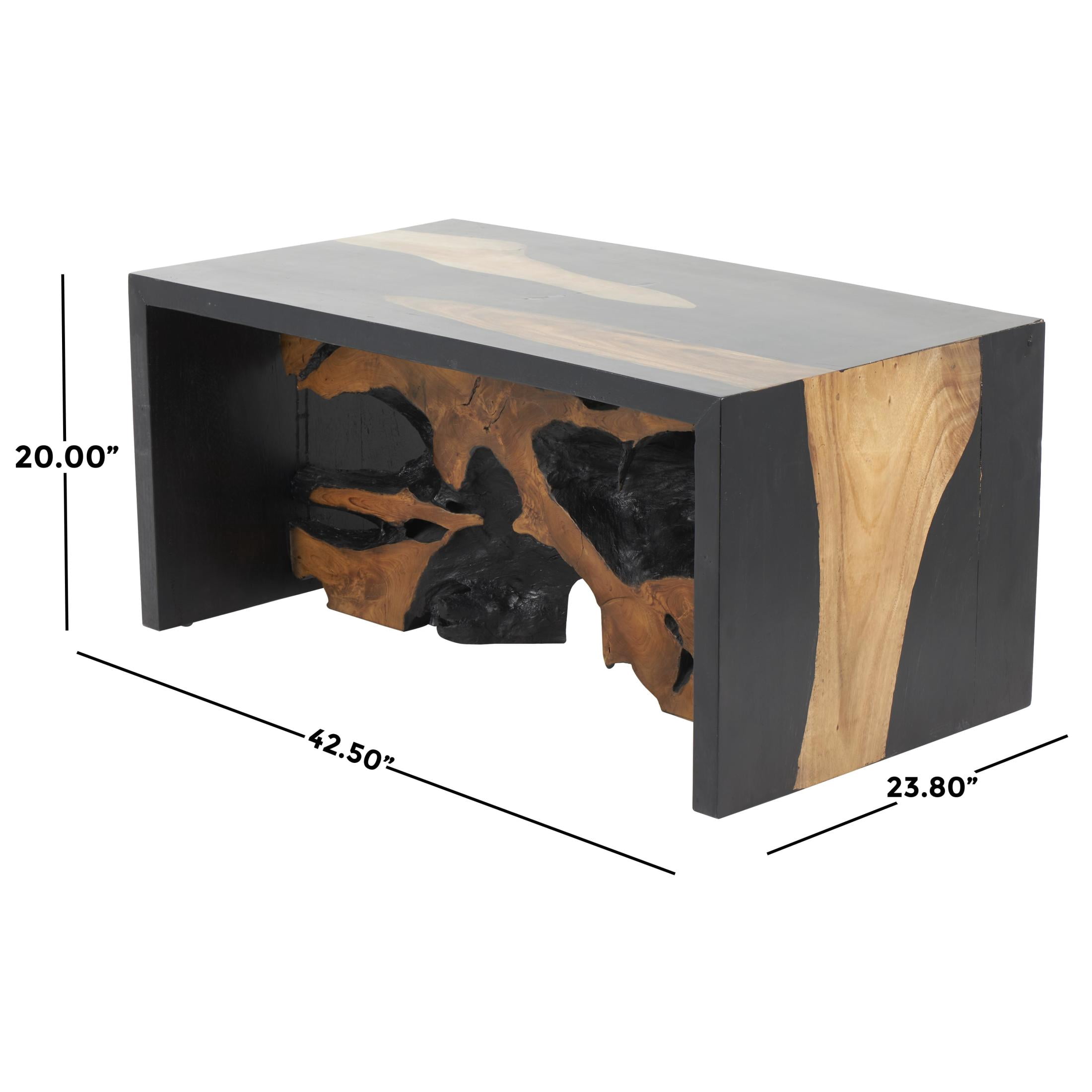 DecMode 43" x 20" Black Wood Handmade Block Coffee Table with Brown Live Edge Wood Interior, 1-Piece