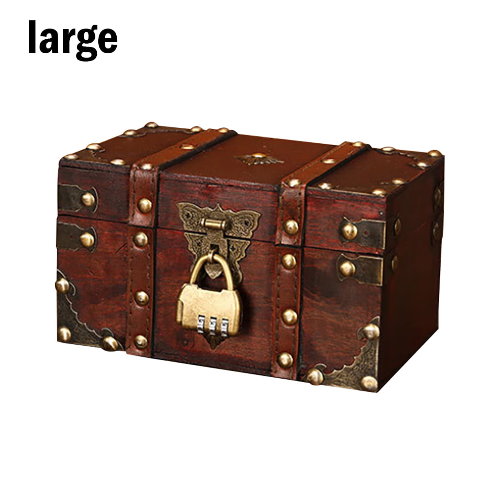 Retro Wooden Lock Jewelry Necklace Storage Box Trinket Container Holder Case
