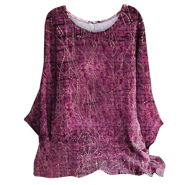IROINID Liquidation Hauts Grande Taille pour Femmes Col Rond Manches Longues T-shirt Imprimé Blouse, Violet