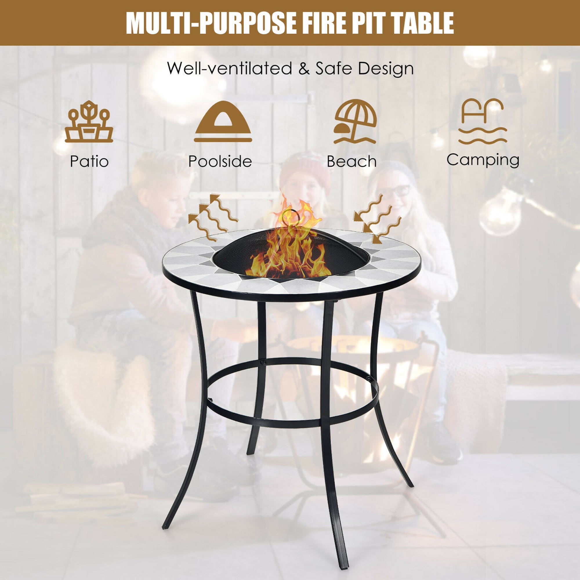 Gymax 23.5'' Round Fire Pit Table Wood Burning Heater W/ Mesh Cover & Fire Poker