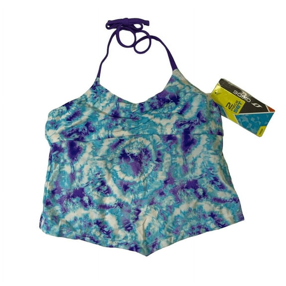 Oxide Youth Girl's Tie Dye Halter Back Less Swimsuit Top, Blue, 10
