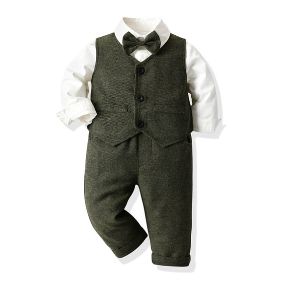 Children's Solid Color Three-Piece Gentleman Suit Set,Long Sleeve Lapel Collar Shirt,Vest and Straight Leg Pants,Formal Attire for Boy and Girl,Ideal for Weddings,School Events,Parties Blackish Green